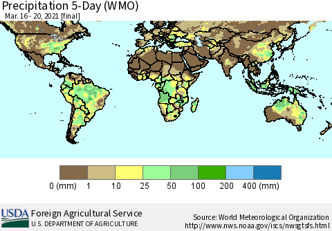 World Precipitation 5-Day (WMO) Thematic Map For 3/16/2021 - 3/20/2021
