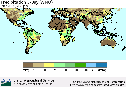 World Precipitation 5-Day (WMO) Thematic Map For 3/26/2021 - 3/31/2021