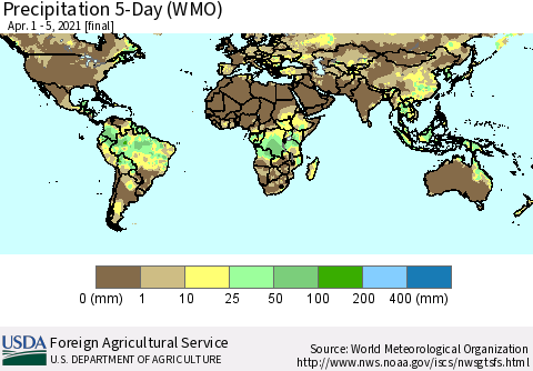 World Precipitation 5-Day (WMO) Thematic Map For 4/1/2021 - 4/5/2021