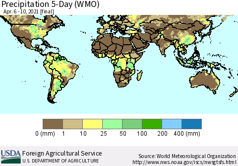 World Precipitation 5-Day (WMO) Thematic Map For 4/6/2021 - 4/10/2021
