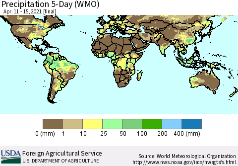 World Precipitation 5-Day (WMO) Thematic Map For 4/11/2021 - 4/15/2021
