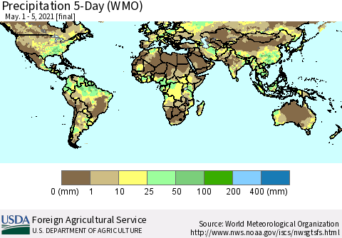 World Precipitation 5-Day (WMO) Thematic Map For 5/1/2021 - 5/5/2021