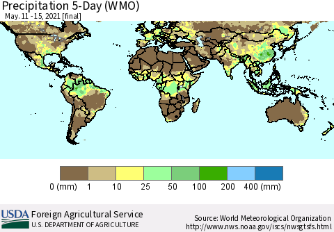 World Precipitation 5-Day (WMO) Thematic Map For 5/11/2021 - 5/15/2021