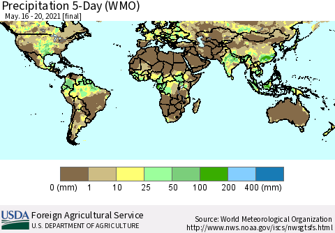 World Precipitation 5-Day (WMO) Thematic Map For 5/16/2021 - 5/20/2021