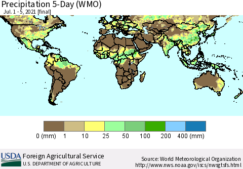 World Precipitation 5-Day (WMO) Thematic Map For 7/1/2021 - 7/5/2021