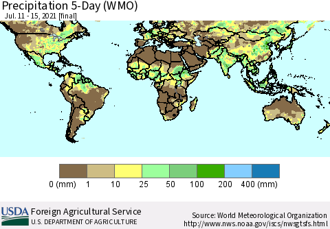 World Precipitation 5-Day (WMO) Thematic Map For 7/11/2021 - 7/15/2021
