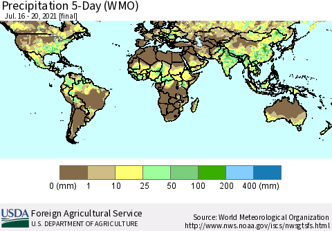 World Precipitation 5-Day (WMO) Thematic Map For 7/16/2021 - 7/20/2021