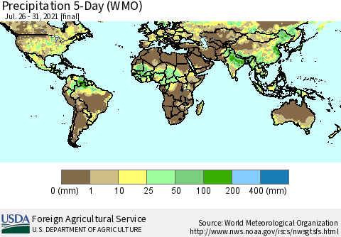 World Precipitation 5-Day (WMO) Thematic Map For 7/26/2021 - 7/31/2021