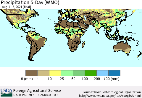 World Precipitation 5-Day (WMO) Thematic Map For 8/1/2021 - 8/5/2021