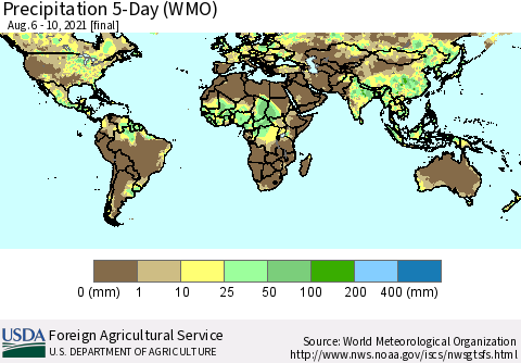 World Precipitation 5-Day (WMO) Thematic Map For 8/6/2021 - 8/10/2021
