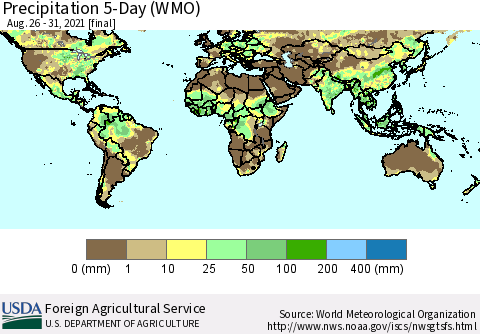 World Precipitation 5-Day (WMO) Thematic Map For 8/26/2021 - 8/31/2021