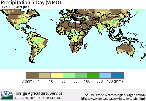 World Precipitation 5-Day (WMO) Thematic Map For 10/1/2021 - 10/5/2021