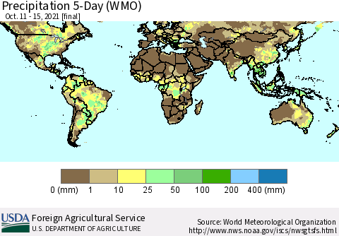 World Precipitation 5-Day (WMO) Thematic Map For 10/11/2021 - 10/15/2021