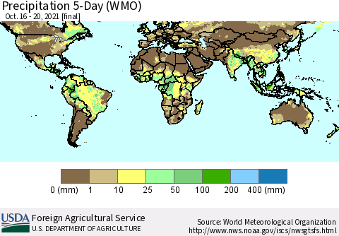 World Precipitation 5-Day (WMO) Thematic Map For 10/16/2021 - 10/20/2021