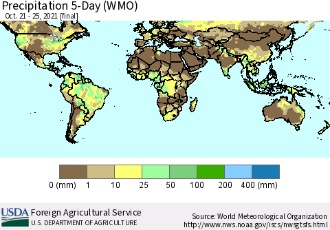 World Precipitation 5-Day (WMO) Thematic Map For 10/21/2021 - 10/25/2021