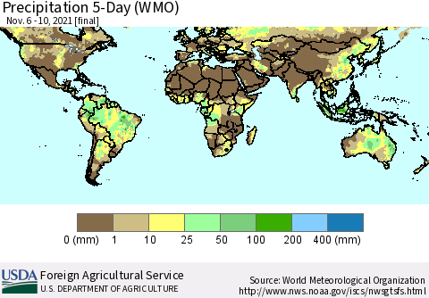World Precipitation 5-Day (WMO) Thematic Map For 11/6/2021 - 11/10/2021