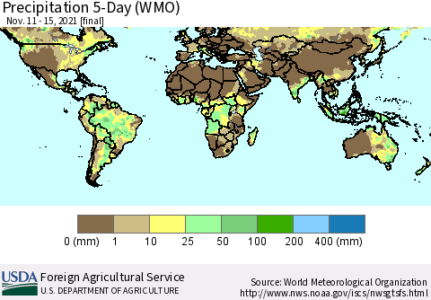 World Precipitation 5-Day (WMO) Thematic Map For 11/11/2021 - 11/15/2021
