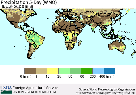 World Precipitation 5-Day (WMO) Thematic Map For 11/16/2021 - 11/20/2021