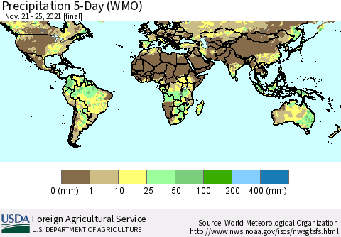 World Precipitation 5-Day (WMO) Thematic Map For 11/21/2021 - 11/25/2021