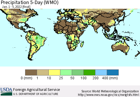 World Precipitation 5-Day (WMO) Thematic Map For 1/1/2022 - 1/5/2022