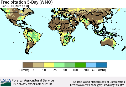 World Precipitation 5-Day (WMO) Thematic Map For 1/6/2022 - 1/10/2022