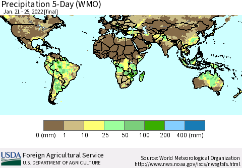 World Precipitation 5-Day (WMO) Thematic Map For 1/21/2022 - 1/25/2022