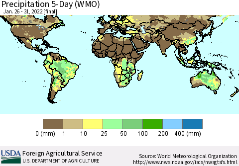 World Precipitation 5-Day (WMO) Thematic Map For 1/26/2022 - 1/31/2022