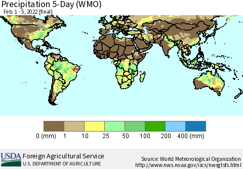 World Precipitation 5-Day (WMO) Thematic Map For 2/1/2022 - 2/5/2022