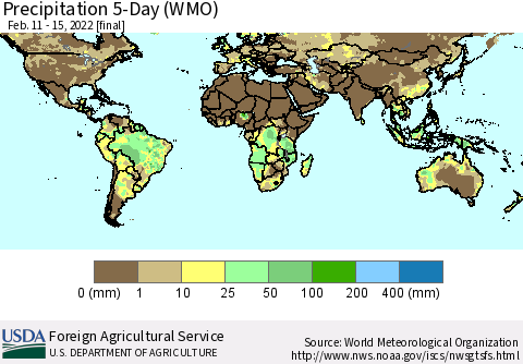 World Precipitation 5-Day (WMO) Thematic Map For 2/11/2022 - 2/15/2022