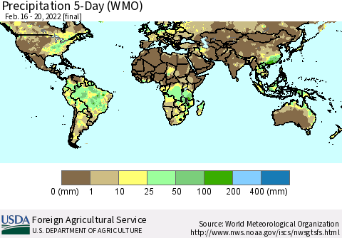 World Precipitation 5-Day (WMO) Thematic Map For 2/16/2022 - 2/20/2022