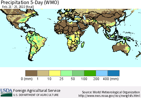 World Precipitation 5-Day (WMO) Thematic Map For 2/21/2022 - 2/25/2022