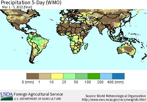 World Precipitation 5-Day (WMO) Thematic Map For 3/1/2022 - 3/5/2022