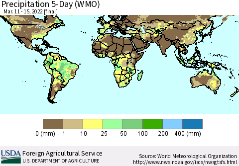 World Precipitation 5-Day (WMO) Thematic Map For 3/11/2022 - 3/15/2022