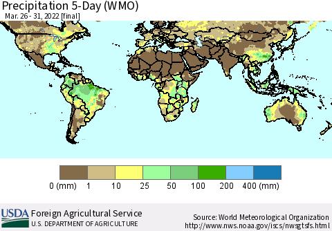World Precipitation 5-Day (WMO) Thematic Map For 3/26/2022 - 3/31/2022