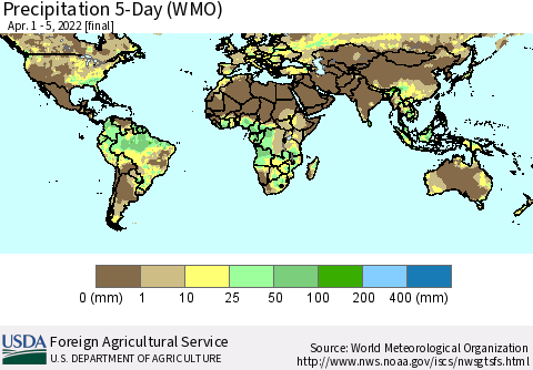 World Precipitation 5-Day (WMO) Thematic Map For 4/1/2022 - 4/5/2022