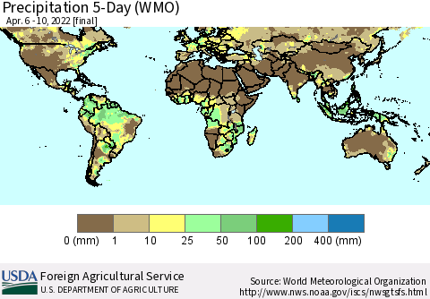 World Precipitation 5-Day (WMO) Thematic Map For 4/6/2022 - 4/10/2022
