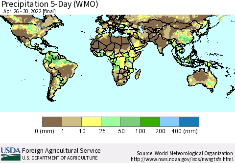 World Precipitation 5-Day (WMO) Thematic Map For 4/26/2022 - 4/30/2022