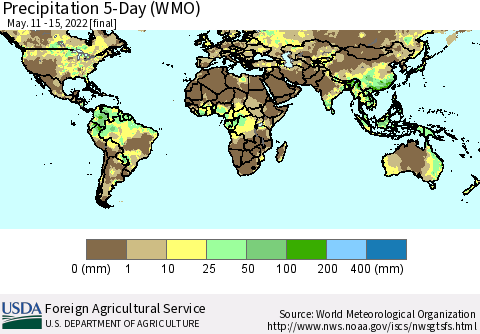 World Precipitation 5-Day (WMO) Thematic Map For 5/11/2022 - 5/15/2022