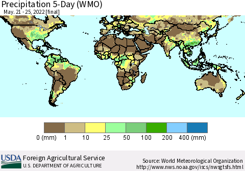 World Precipitation 5-Day (WMO) Thematic Map For 5/21/2022 - 5/25/2022