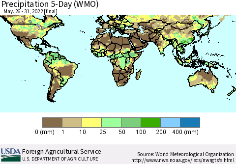 World Precipitation 5-Day (WMO) Thematic Map For 5/26/2022 - 5/31/2022