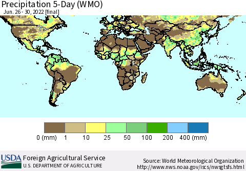 World Precipitation 5-Day (WMO) Thematic Map For 6/26/2022 - 6/30/2022