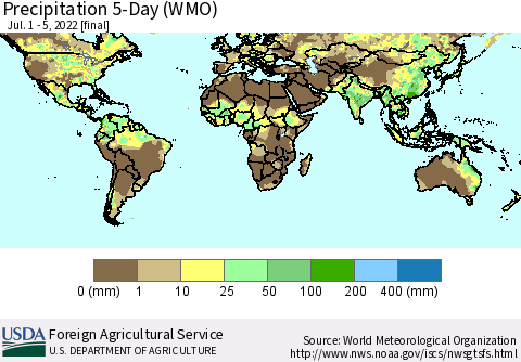 World Precipitation 5-Day (WMO) Thematic Map For 7/1/2022 - 7/5/2022