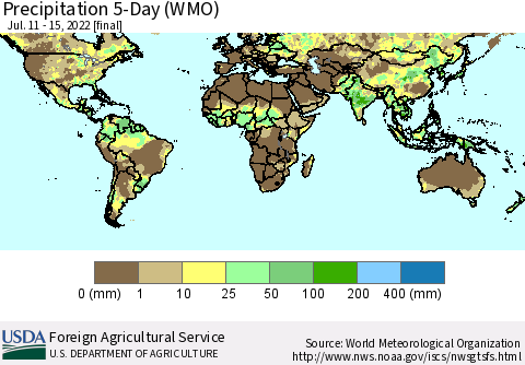 World Precipitation 5-Day (WMO) Thematic Map For 7/11/2022 - 7/15/2022