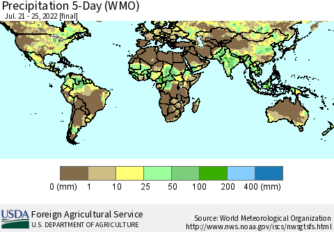 World Precipitation 5-Day (WMO) Thematic Map For 7/21/2022 - 7/25/2022