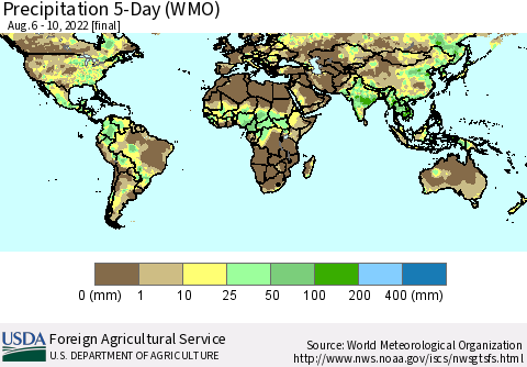 World Precipitation 5-Day (WMO) Thematic Map For 8/6/2022 - 8/10/2022