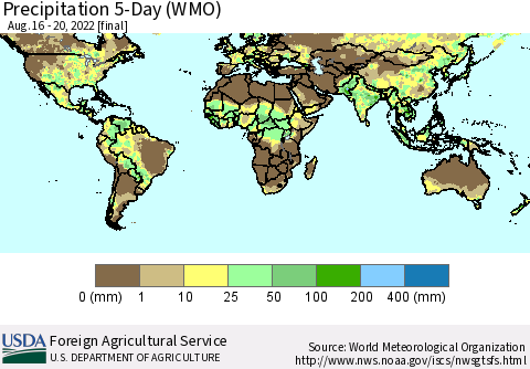 World Precipitation 5-Day (WMO) Thematic Map For 8/16/2022 - 8/20/2022