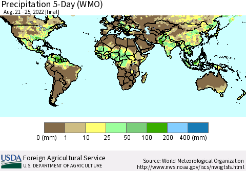 World Precipitation 5-Day (WMO) Thematic Map For 8/21/2022 - 8/25/2022