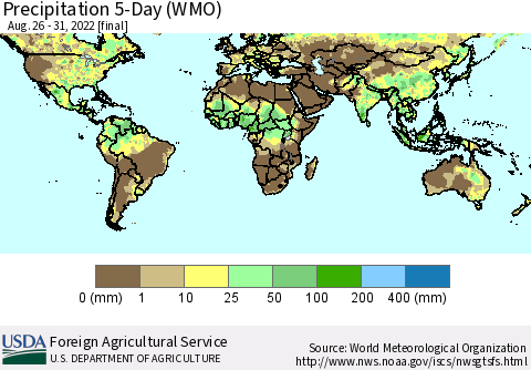 World Precipitation 5-Day (WMO) Thematic Map For 8/26/2022 - 8/31/2022