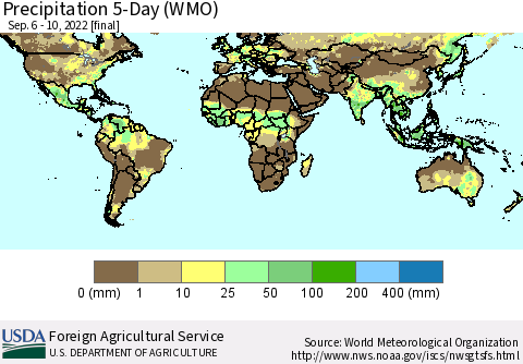 World Precipitation 5-Day (WMO) Thematic Map For 9/6/2022 - 9/10/2022