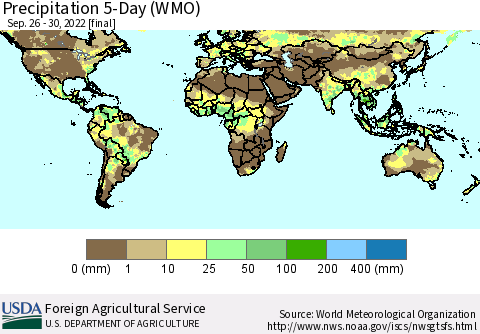 World Precipitation 5-Day (WMO) Thematic Map For 9/26/2022 - 9/30/2022